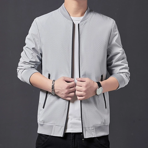 Men Breathable Polyester Mesh Bomber Jacket Thin Zip Up Stand Collar Casual Streetwear Fashion Daily Outerwear Coat