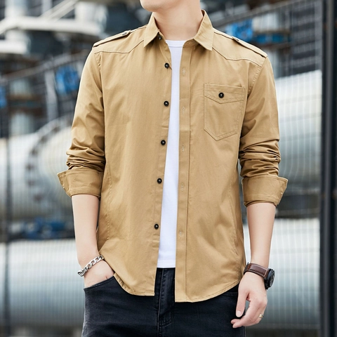 Camicia da Uomo Casual in Cotone a Maniche Lunghe Stile Militare Slim Fit Top da Lavoro Con Spalline Tinta Unita Tasca Camicie