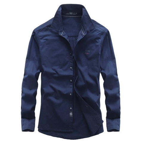 Herren Casual Baumwolle Langarmhemd Button Down Umlegekragen Stickerei Einfarbig Workwear Cargo Stil Tops Für Männer