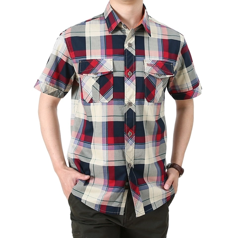 Camisa de Cuadros de Manga Corta para Hombre 100% Algodón Con Botones Top Casual de Verano Con Doble Bolsillo Cuello de Solapa