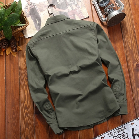 Camicia Cargo da Uomo a Maniche Lunghe in Puro Cotone Twill Doppie Tasche Casual Outdoor Stile Militare Colletto a Punta