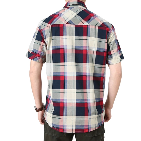 Camisa de Cuadros de Manga Corta para Hombre 100% Algodón Con Botones Top Casual de Verano Con Doble Bolsillo Cuello de Solapa