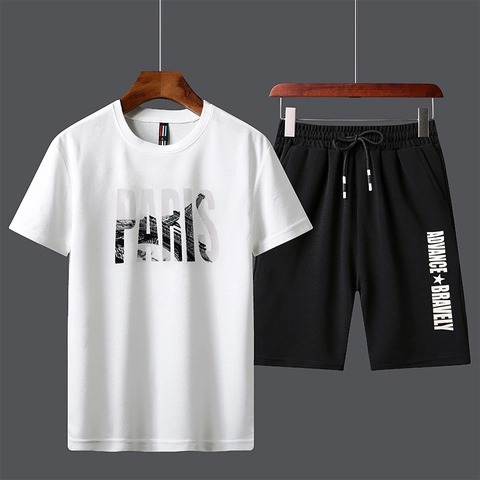 Men Casual Sports Set Polyester Paris Letter Print Short Sleeve T-Shirt And Elastic Drawstring Shorts Summer Streetwear Outfit