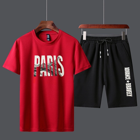 Men Casual Sports Set Polyester Paris Letter Print Short Sleeve T-Shirt And Elastic Drawstring Shorts Summer Streetwear Outfit