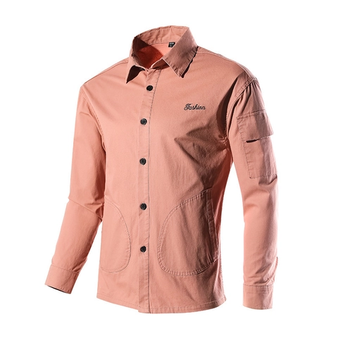 Camicia Cargo Casual da Uomo in 100% Cotone a Manica Lunga Ricamo Moda Urbana Giapponese Multi-tasca Abbottonata Shacket Top