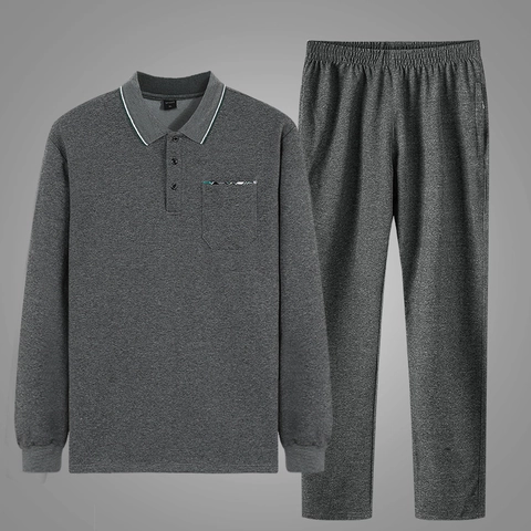 Herren Langarm Polo Oberteil Und Hose Set Herbst Frühling Baumwollmischung Freizeit Sportanzug Für Mittelalte Männer Casual Trainingsanzug
