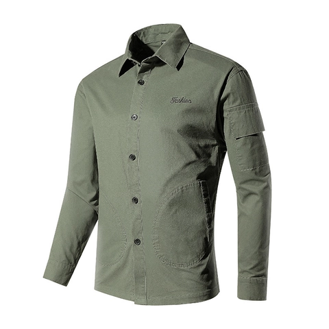 Camicia Cargo Casual da Uomo in 100% Cotone a Manica Lunga Ricamo Moda Urbana Giapponese Multi-tasca Abbottonata Shacket Top