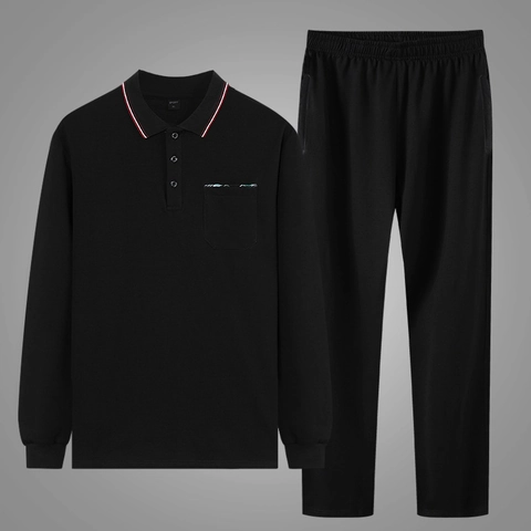 Herren Langarm Polo Oberteil Und Hose Set Herbst Frühling Baumwollmischung Freizeit Sportanzug Für Mittelalte Männer Casual Trainingsanzug