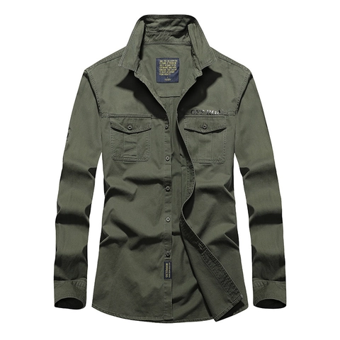 Camicia da Lavoro a Maniche Lunghe in Puro Cotone da Uomo Top Outdoor Multitasche Verde Militare Cachi Blu Abbigliamento Uomo