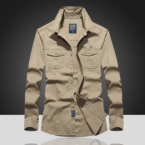Camicia da Lavoro a Maniche Lunghe in Puro Cotone da Uomo Top Outdoor Multitasche Verde Militare Cachi Blu Abbigliamento Uomo