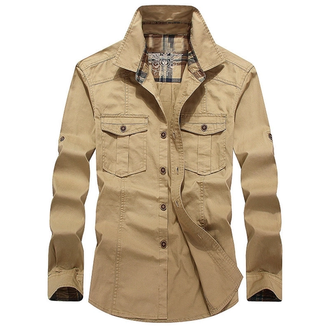 Camisa Táctica Militar de Manga Larga para Hombre Camisa de Trabajo de Sarga de Algodón Doble Bolsillo con Solapa Top Casual de Exterior para Hombre