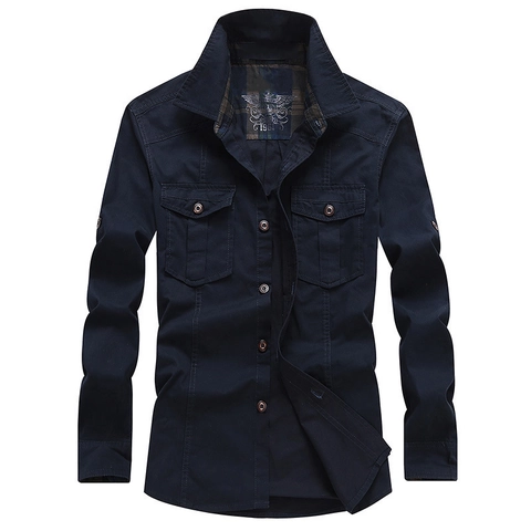 Camisa Táctica Militar de Manga Larga para Hombre Camisa de Trabajo de Sarga de Algodón Doble Bolsillo con Solapa Top Casual de Exterior para Hombre