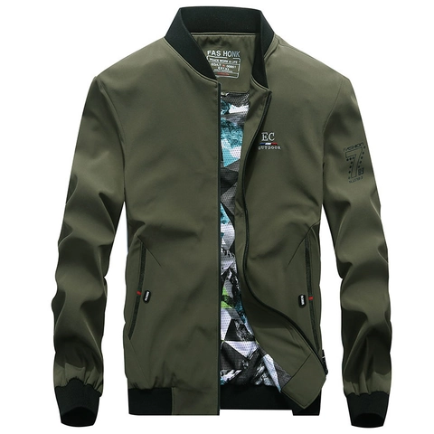 Men's Casual Bomber Jacket Windproof Polyester Stand Collar Zip Up Flight Coat Solid Color Classic Outerwear For Spring Autumn