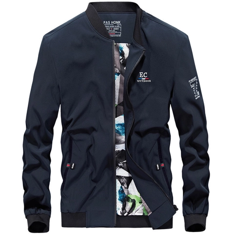 Men's Casual Bomber Jacket Windproof Polyester Stand Collar Zip Up Flight Coat Solid Color Classic Outerwear For Spring Autumn