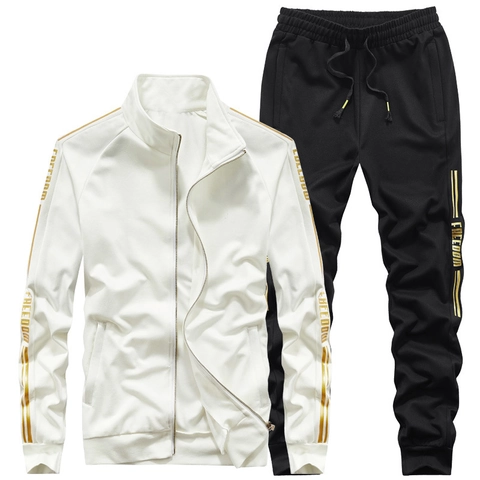 Survêtement Décontracté pour Hommes Veste à Col Montant Et Pantalon Jogging Rayures Dorées Impression De Lettres Mélange Viscose