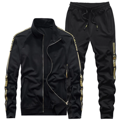 Survêtement Décontracté pour Hommes Veste à Col Montant Et Pantalon Jogging Rayures Dorées Impression De Lettres Mélange Viscose