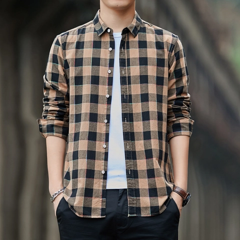Herren Langarm Kariertes Hemd 100% Baumwolle Lässig Button Down Koreanischer Stil Tops Für Frühling Herbst