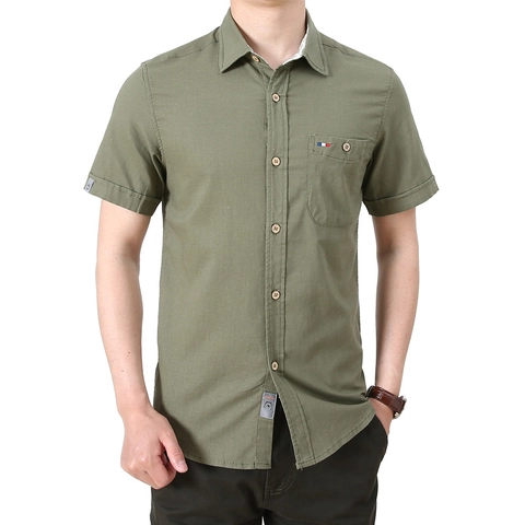 Camicia Casual da Uomo a Maniche Corte Misto Cotone Tinta Unita Colletto a Punta Con Taschino Bottoni in Legno Top Estivi