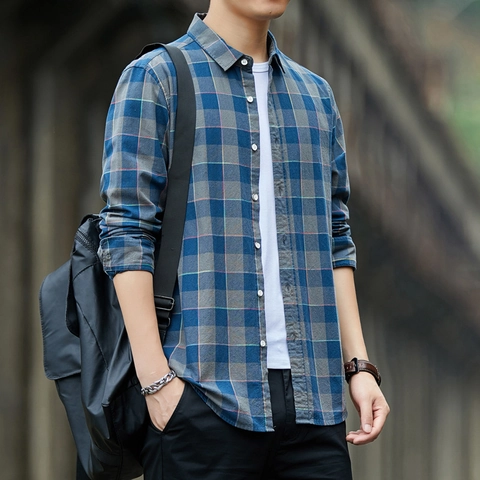 Herren Langarm Kariertes Hemd 100% Baumwolle Lässig Button Down Koreanischer Stil Tops Für Frühling Herbst