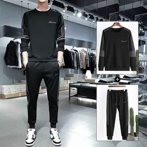 Conjunto Deportivo Casual Para Hombre Sudadera y Joggers Mezcla de Algodón Cuello Redondo Pullover Pantalón Con Cordón Fitness