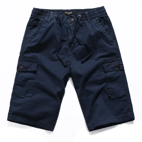 Herren Cargo Shorts 100% Baumwolle Mehrere Taschen Arbeitsshorts Elastischer Kordelzug Taille Gerade Bein Sommer Lässige Hose