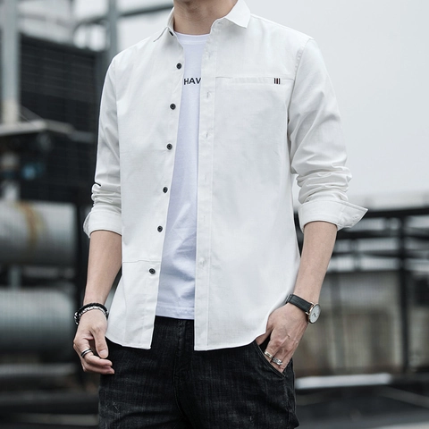 Heren Katoenen Overhemd Lange Mouw Casual Stedelijke Mode Omvouwkraag Zak Contrastknopen Effen Kleur Ademend Top Voor Lente Herfst