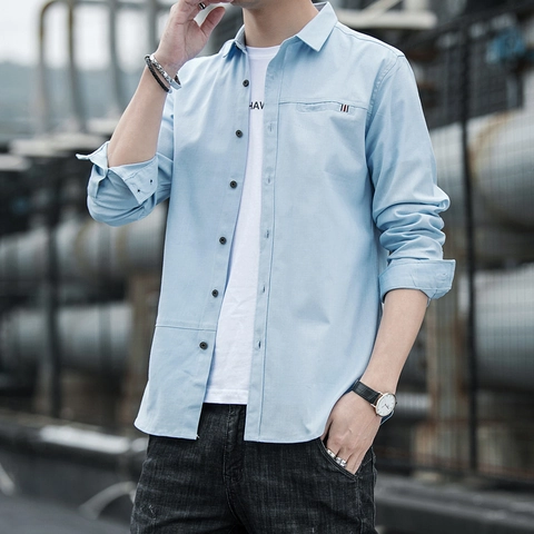 Heren Katoenen Overhemd Lange Mouw Casual Stedelijke Mode Omvouwkraag Zak Contrastknopen Effen Kleur Ademend Top Voor Lente Herfst