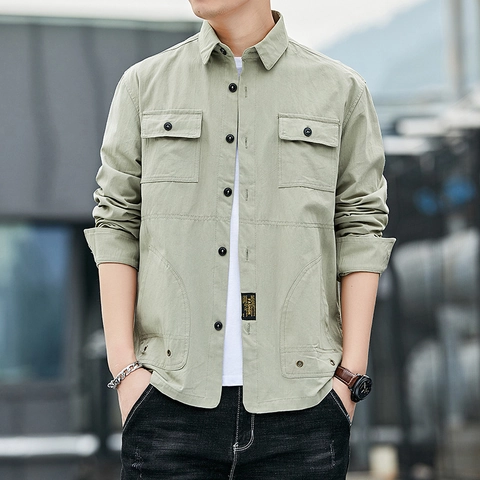 Camisa Casual De Manga Larga Para Hombre Algodón Estilo Trabajo Militar Multibolsillos Cuello Vuelto Para Uso Diario