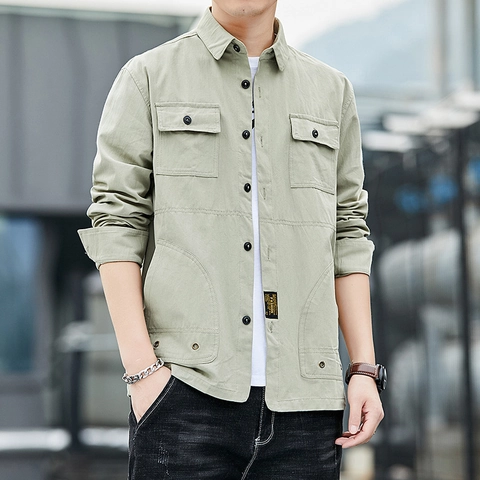 Camisa Casual De Manga Larga Para Hombre Algodón Estilo Trabajo Militar Multibolsillos Cuello Vuelto Para Uso Diario