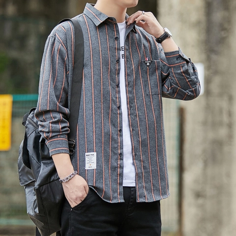 Camicia Casual da Uomo a Maniche Lunghe con Colletto a Rever e Righe Verticali Stile Coreano Abbigliamento Moda