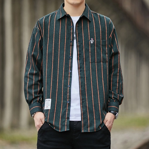 Camicia Casual da Uomo a Maniche Lunghe con Colletto a Rever e Righe Verticali Stile Coreano Abbigliamento Moda