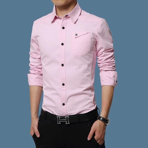 Heren Katoen Lange Mouw Slim Fit Casual Overhemd Militaire Stijl Effen Kleur Button Down Business Werkkleding Top Met Borstzak