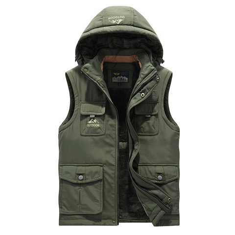 Men Winter Fleece Lined Hooded Padded Vest Casual Outdoor Windproof Multi Pocket Cotton Waistcoat Sleeveless Jacket