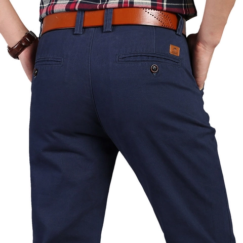 Men's Casual Chinos Cotton Straight Leg Pants Business Solid Color Mid Waist Non-Iron Long Trousers For Men Fashion