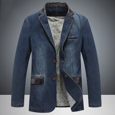 Ανδρικό Casual Denim Blazer Jacket Vintage Βαμβακερό Patchwork Εξωτερικά Ενδύματα Slim Fit Μονόπετο Denim Σακάκι για Άνδρες