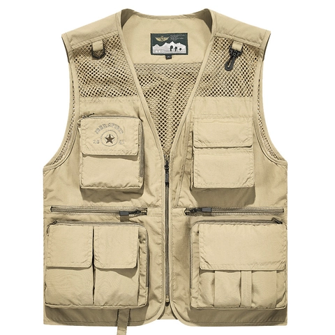 Men Outdoor Multi-Pocket Utility Vest Breathable Mesh Patchwork Fishing Photography Waistcoat Loose Casual Sleeveless Top