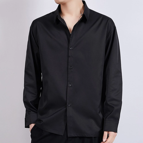 Herren Langarmhemd Seidiger Polyester Lässig Einfarbig Button Up Tops Für Business Büro Arbeit Koreanischen Stil Minimalistische Herrenbekleidung