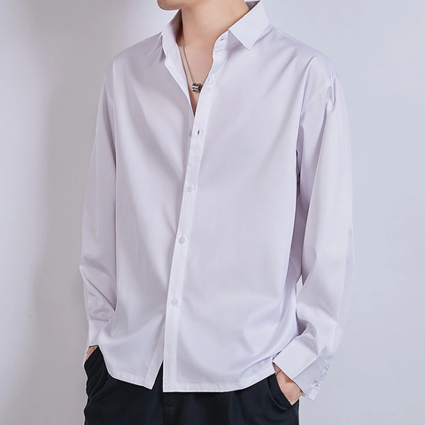 Herren Langarmhemd Seidiger Polyester Lässig Einfarbig Button Up Tops Für Business Büro Arbeit Koreanischen Stil Minimalistische Herrenbekleidung