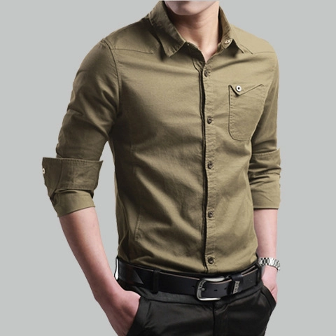 Camicia da Uomo Casual a Manica Lunga in Cotone Vestibilità Slim Stile Workwear Tinta Unita Colletto a Punta Bottone