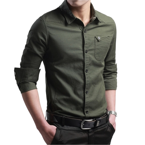 Camicia da Uomo Casual a Manica Lunga in Cotone Vestibilità Slim Stile Workwear Tinta Unita Colletto a Punta Bottone