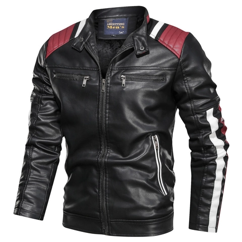 Men's Casual PU Leather Motorcycle Jacket Stand Collar Fleece Lined Warm Outerwear Contrast Color Striped Patchwork Sporty Coat For Men