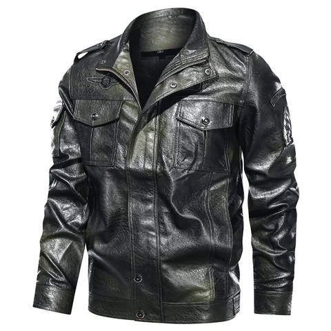 Men Vintage PU Leather Jacket Retro Locomotive Multi Pockets Stand Collar Embroidered Patch Faux Leather Outwear Fashion Coat