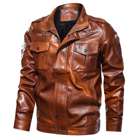Men Vintage PU Leather Jacket Retro Locomotive Multi Pockets Stand Collar Embroidered Patch Faux Leather Outwear Fashion Coat