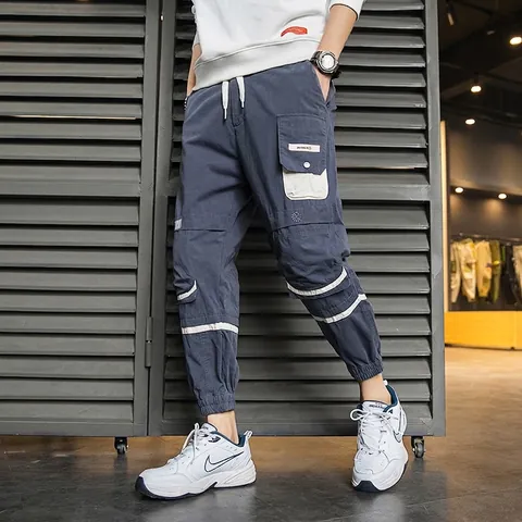 Pantaloni Jogger Cargo in Cotone da Uomo Multitasche Streetwear Casual Blu Nebbia Cachi Coulisse in Vita per Uomo
