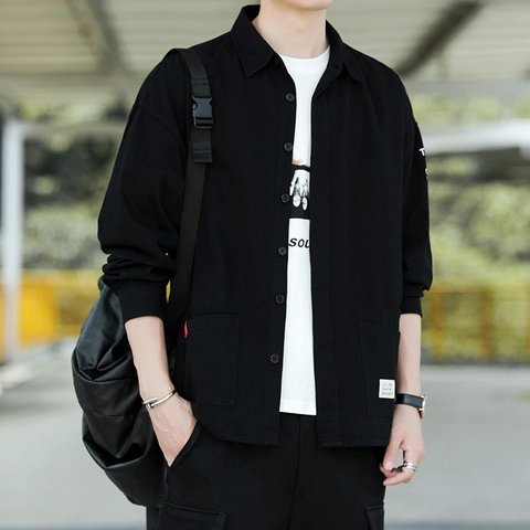 Camisa de Manga Larga de 100% Algodón para Hombre Estilo Workwear Casual Doble Bolsillos Estampado de Letras Ajuste Suelto Top