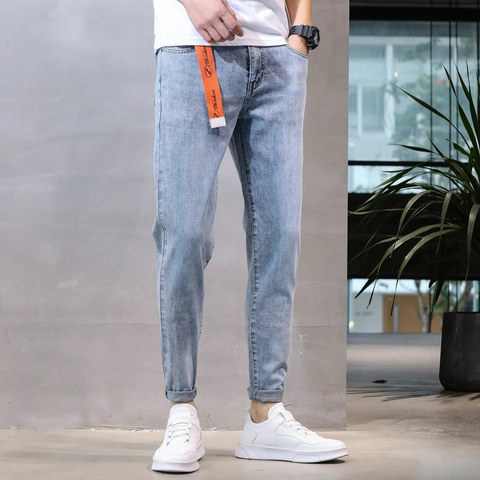 Jeans Elasticizzati Slim Fit da Uomo Primavera Estate Blu Chiaro Grigio Denim Lavato Pantaloni a Sigaretta Moda Casual Lunghezza Caviglia Pantaloni in Denim di Cotone