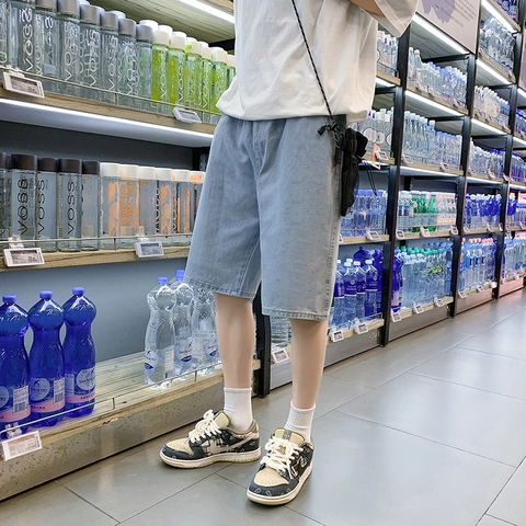 Pantaloncini Denim Uomo Azzurro Lavato Vestibilità Ampia Casual Streetwear In Misto Cotone Lunghezza Media Per Uomo