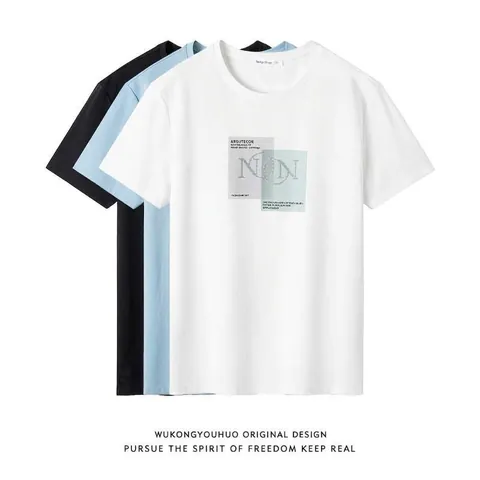 Men Cotton T-Shirt Round Neck Short Sleeve Top Letter Geometry Print Loose Streetwear Casual Summer Tee Unisex Style