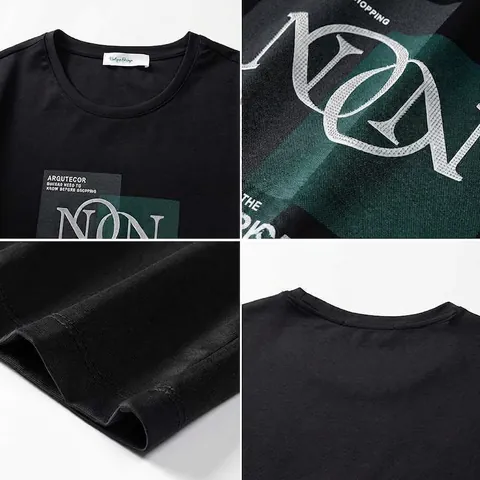 Men Cotton T-Shirt Round Neck Short Sleeve Top Letter Geometry Print Loose Streetwear Casual Summer Tee Unisex Style