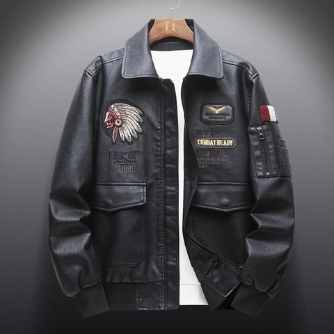 Men Vintage Embroidery PU Leather Jacket Black Fighter Pilot Bomber Jacket Casual Turn-Down Collar Patchwork Coat